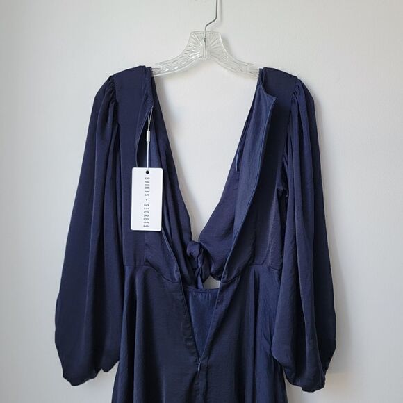 NWT SAINTS + SECRETS Balloon Sleeves Tie Front Flowy Navy Mini Dress Size Small - Picture 12 of 16